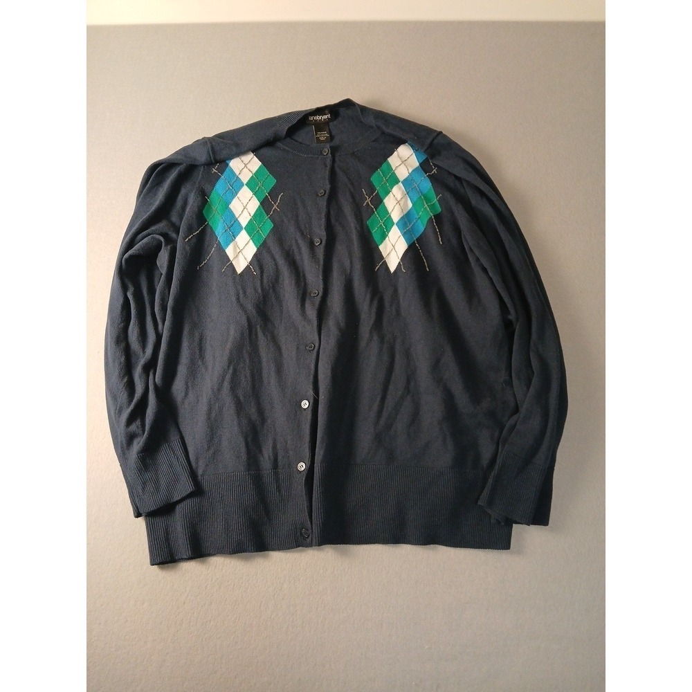 Lane Bryant Womens Plus Cardigan Sweater 26/28W 4X Navy Argyle Preppy Embellish